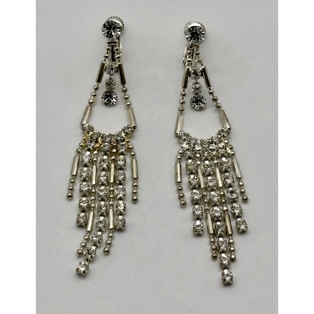 Vintage Rhinestone Dangle Chandelier Earrings Silver Tone Clip-On and Screw-Back